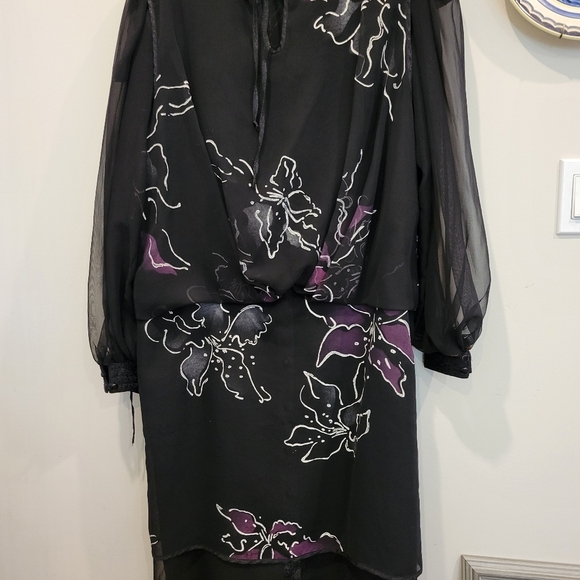 Vintage,Evening Cocktail Dress Black Patterned Chiffon Panels over Black - Picture 14 of 15